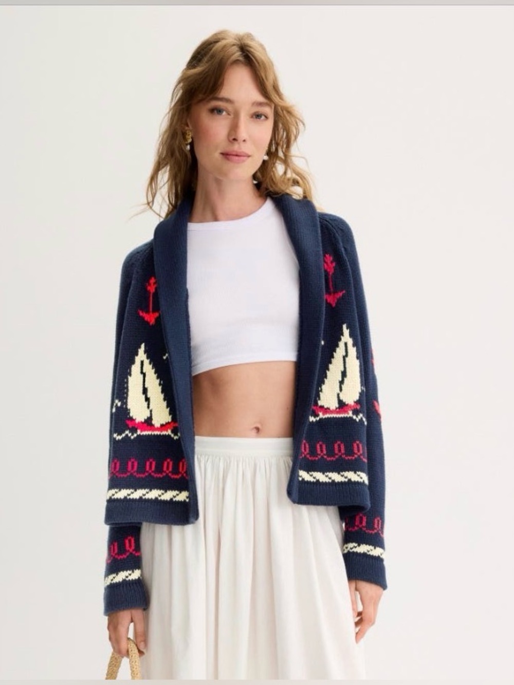 THE GREAT. Navy Sailboat Lodge Knit Cardigan with Cream and Red Accents - Picture 2 of 6